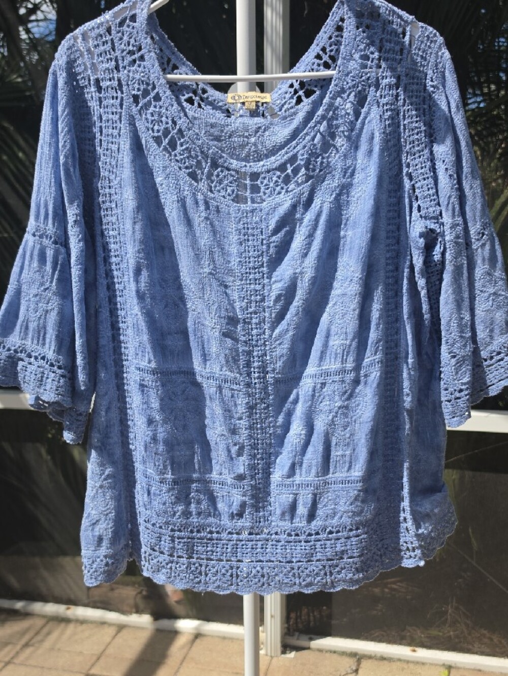 DEMOCRACY Blue Overdyed Cotton Spliced Crochet Lace Peasant Blouse